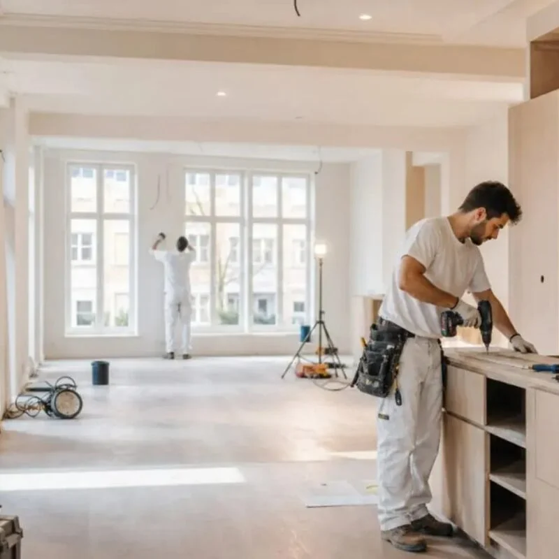 Vakman boort aan een kast in een lichte, leeggemaakte woonruimte tijdens een verbouwing